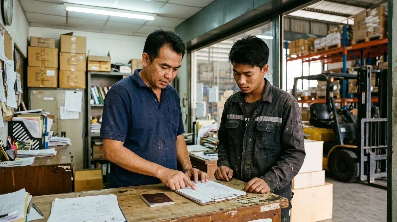 หัวหน้างานตรวจเอกสารกับแรงงานในคลังสินค้า